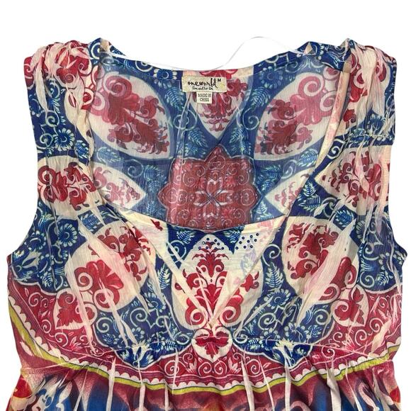 One World M Red Blue Layered Babydoll Top Rhinestone Boho Bling Y2K Fairy - Picture 2 of 11